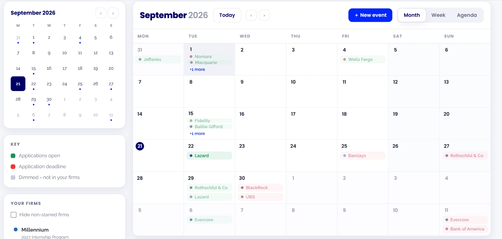 AplyOne calendar: a month view with every firm's application opening and deadline mapped across the dates